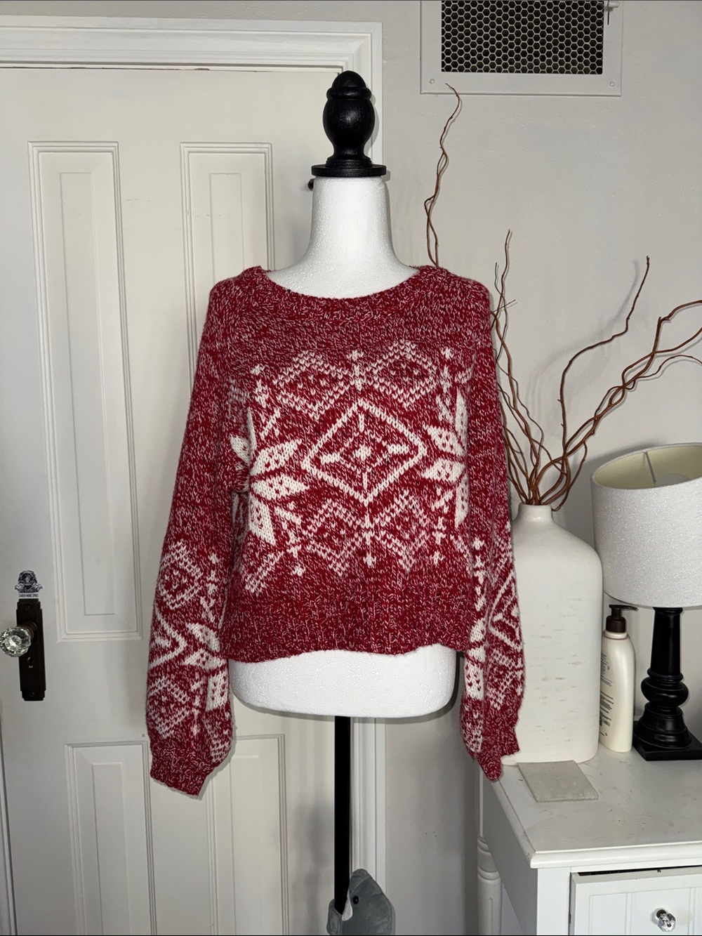 Kaisely Red and Cream Fair Isle Yoke Wool Blend Crewneck Sweater